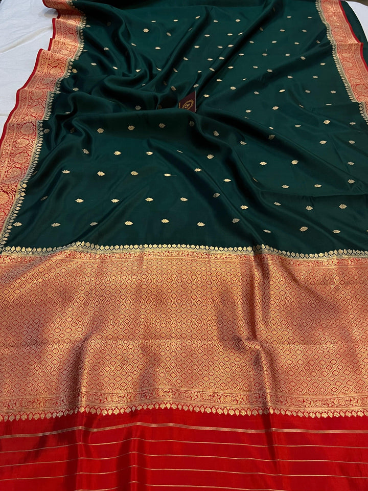 Bottle Green Pure Banarasi Handloom Silk Saree | Aura Benaras