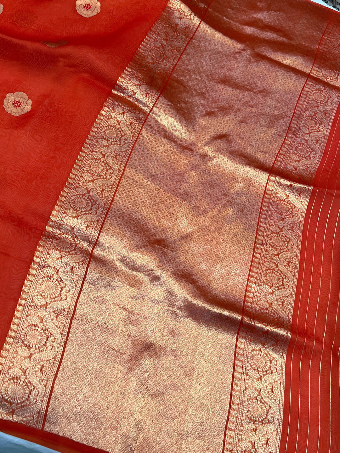 Orange Pure Kora Silk Handloom Banarasi Saree