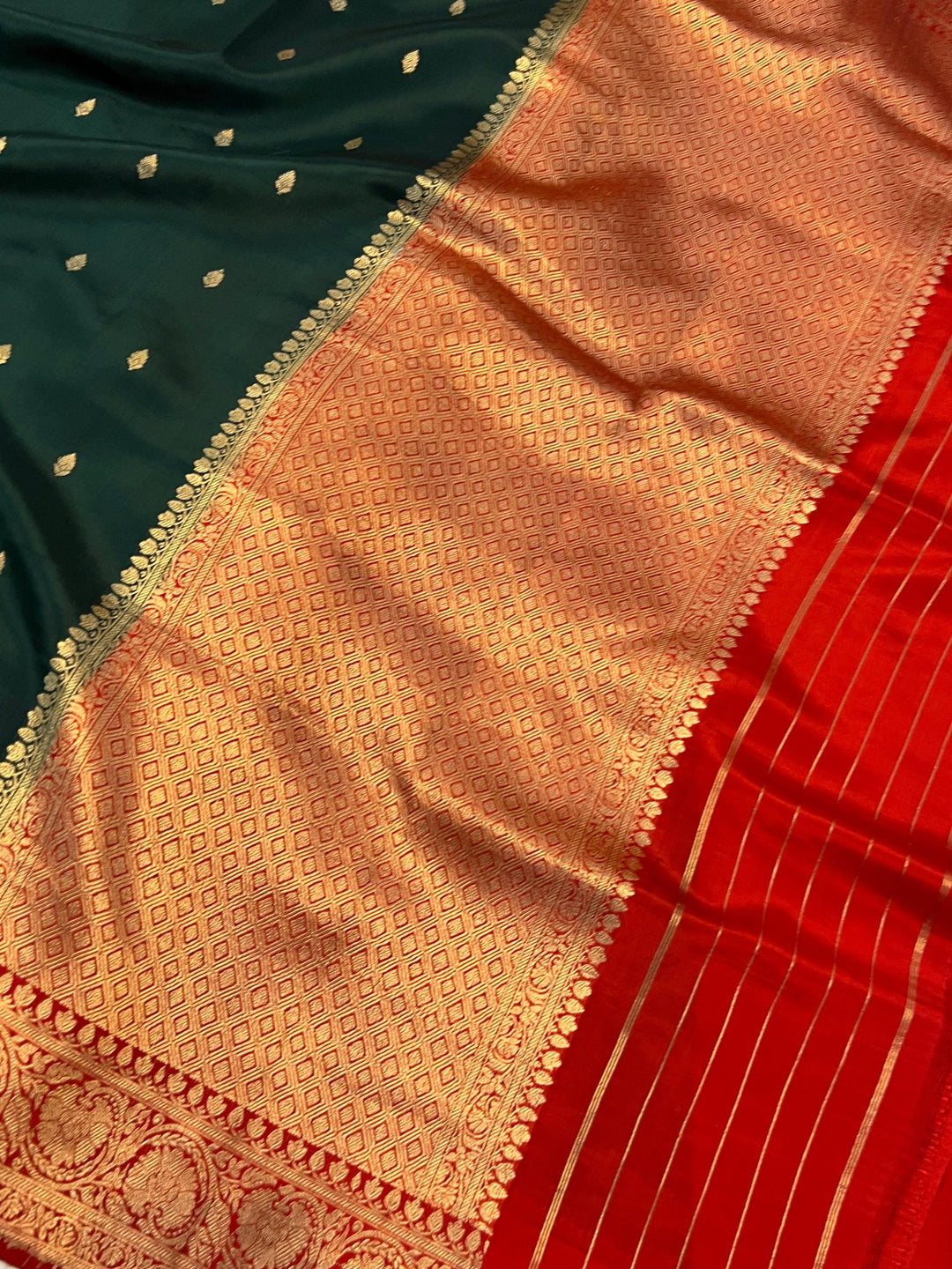 Bottle Green Pure Banarasi Handloom Silk Saree | Aura Benaras