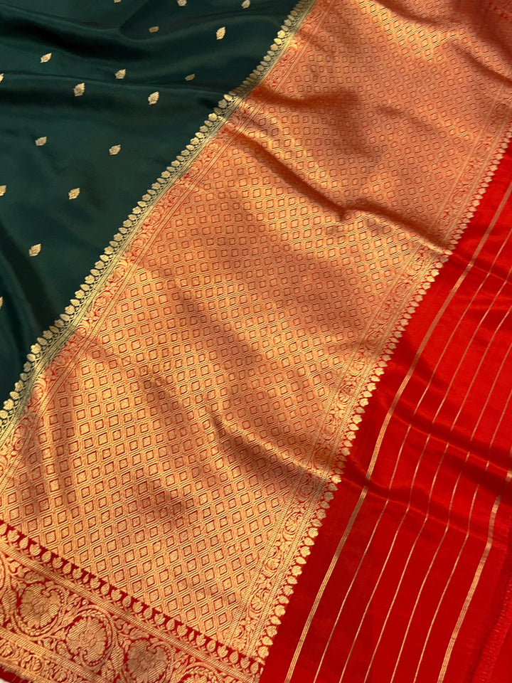 Bottle Green Pure Banarasi Handloom Silk Saree | Aura Benaras