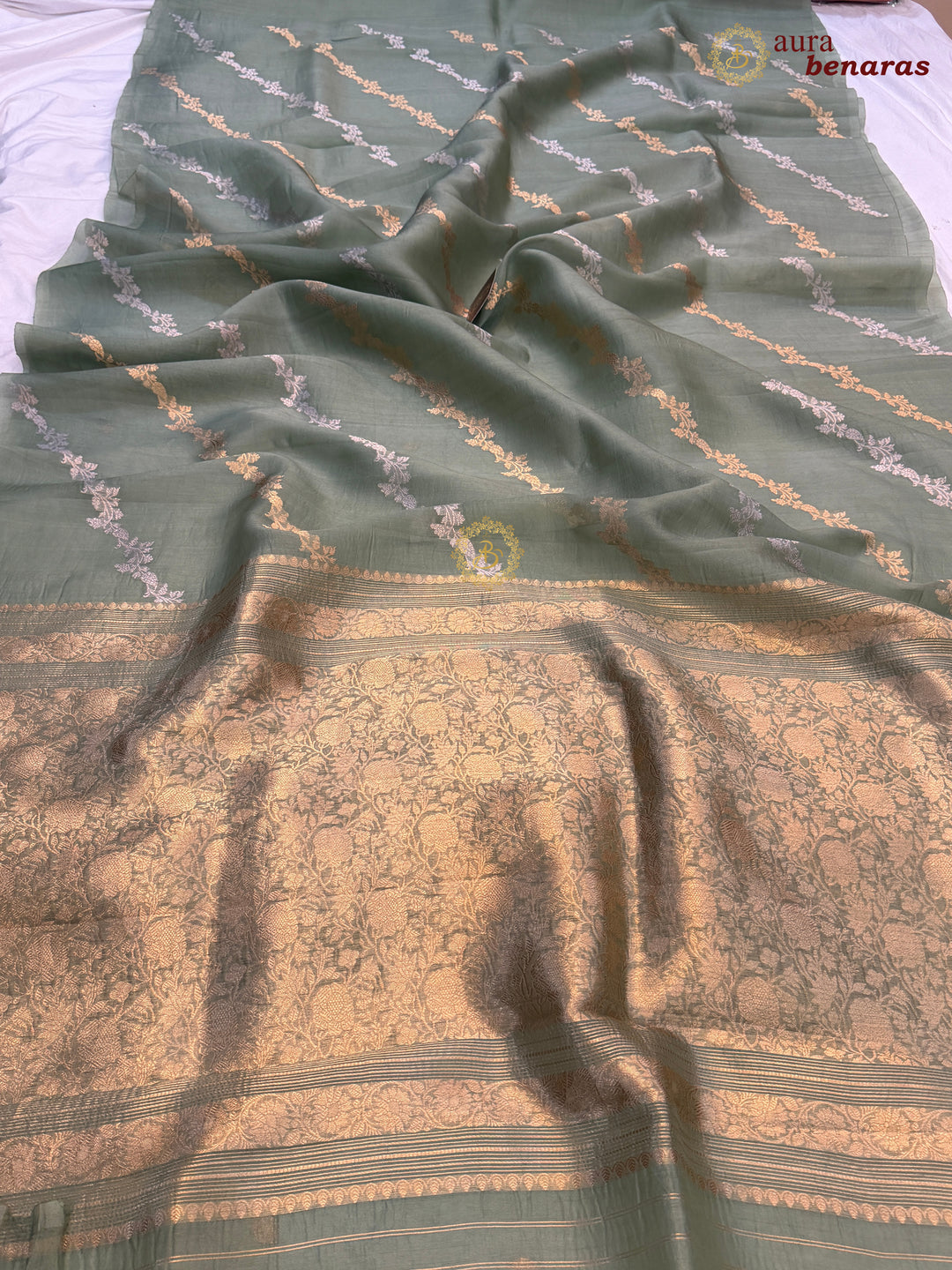 Sage Green Kora Silk Banarasi Saree with Kadwa Jaal – Aura Benaras