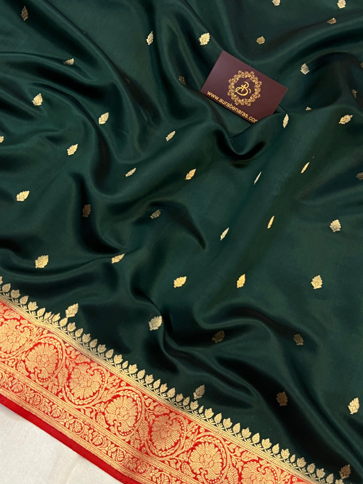 Bottle Green Pure Banarasi Handloom Silk Saree | Aura Benaras