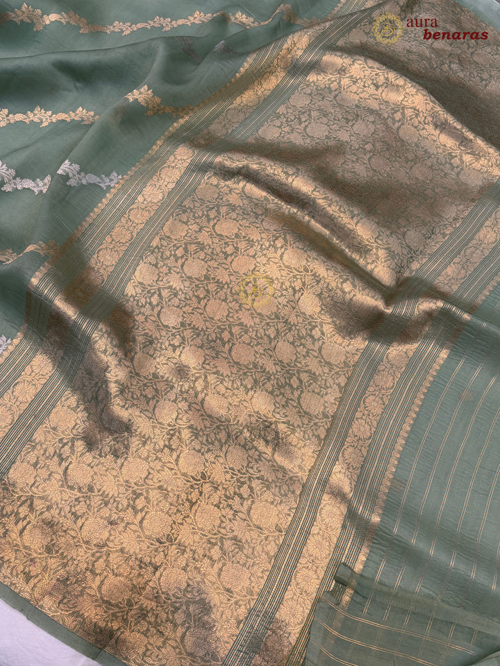 Sage Green Kora Silk Banarasi Saree with Kadwa Jaal – Aura Benaras