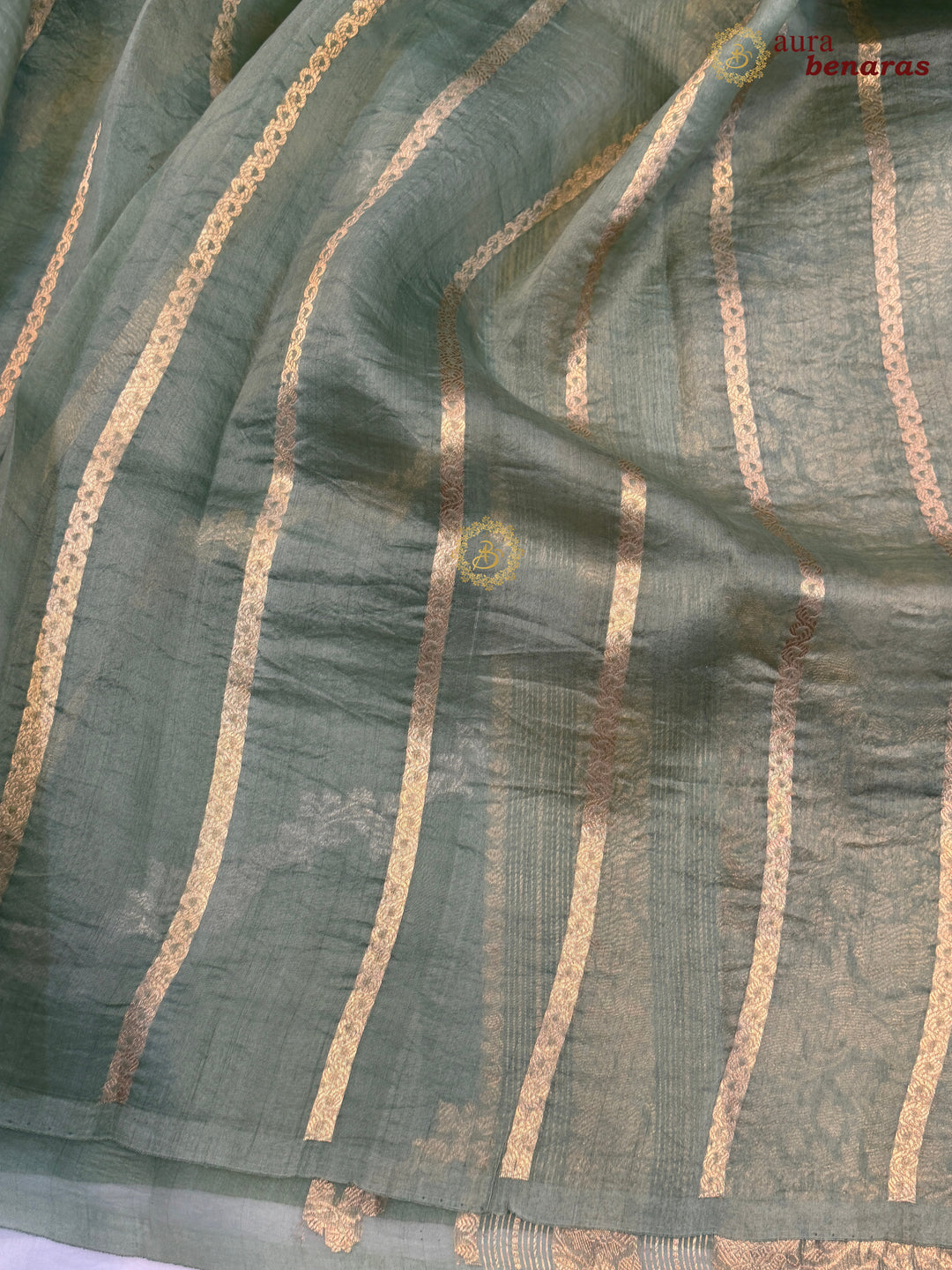 Sage Green Kora Silk Banarasi Saree with Kadwa Jaal – Aura Benaras