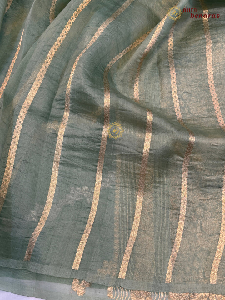 Sage Green Kora Silk Banarasi Saree with Kadwa Jaal – Aura Benaras
