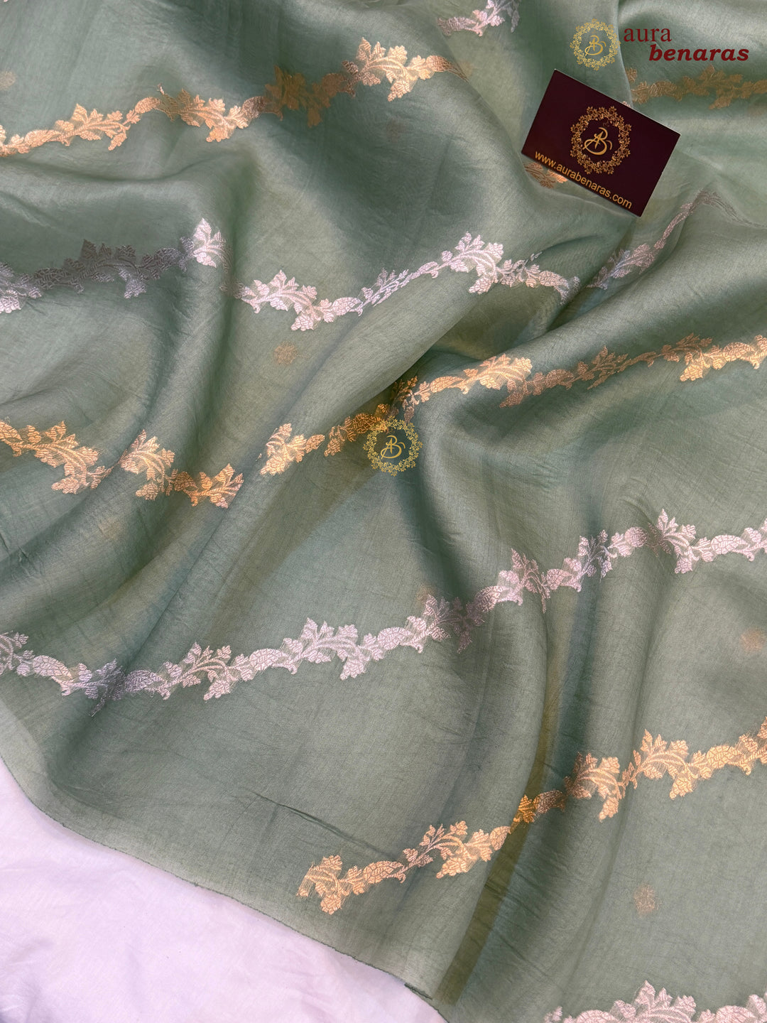 Sage Green Kora Silk Banarasi Saree with Kadwa Jaal – Aura Benaras