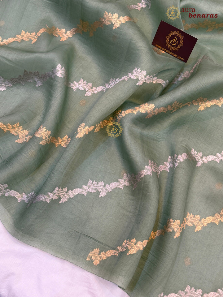 Sage Green Kora Silk Banarasi Saree with Kadwa Jaal – Aura Benaras