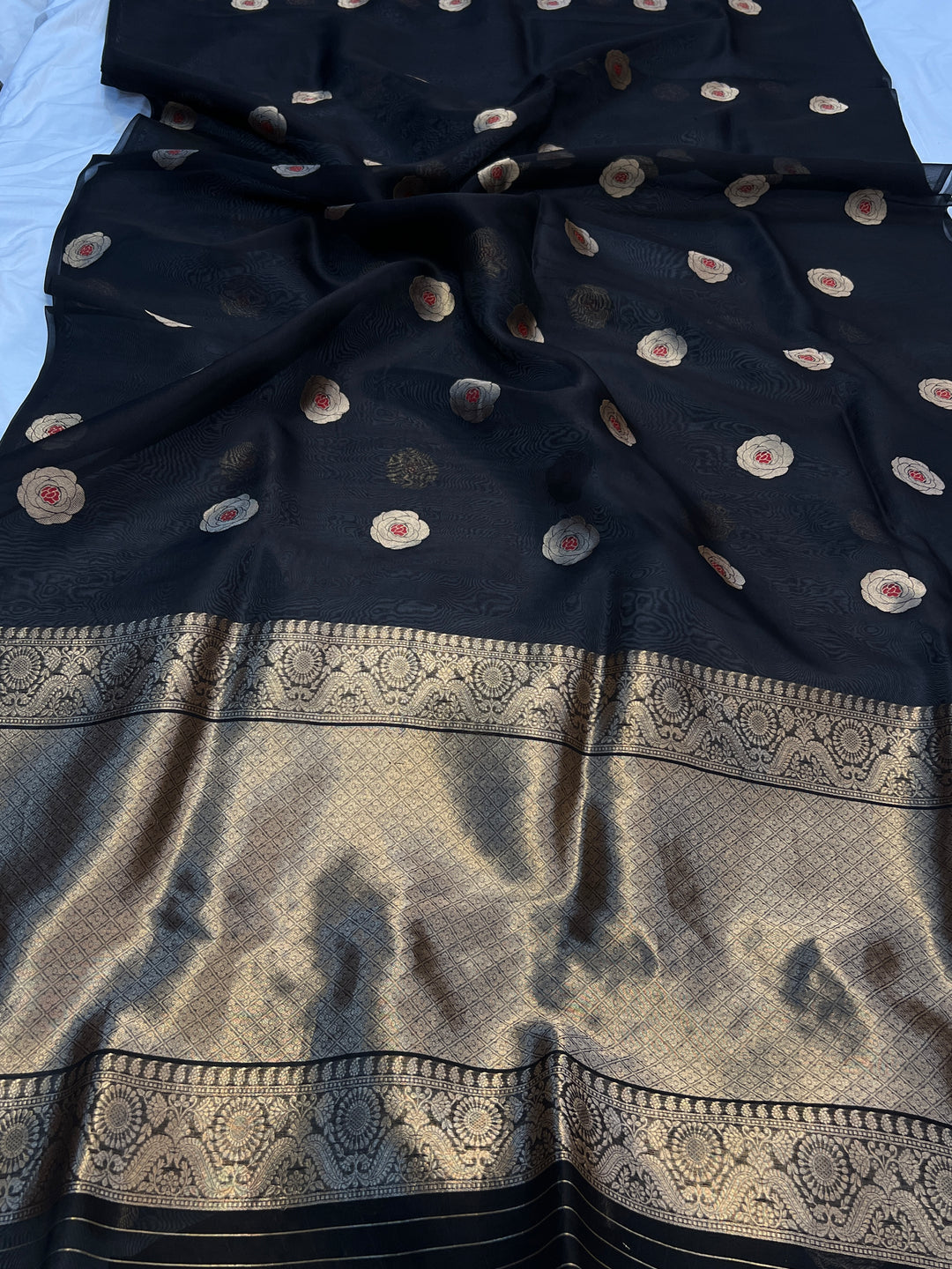 Black Pure Kora Silk Handloom Banarasi Saree