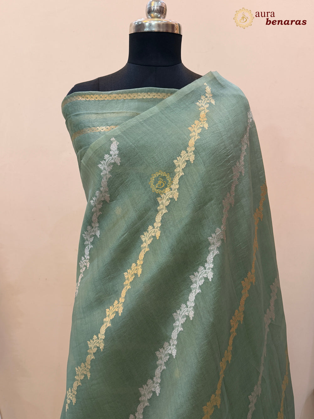 Sage Green Kora Silk Banarasi Saree with Kadwa Jaal – Aura Benaras