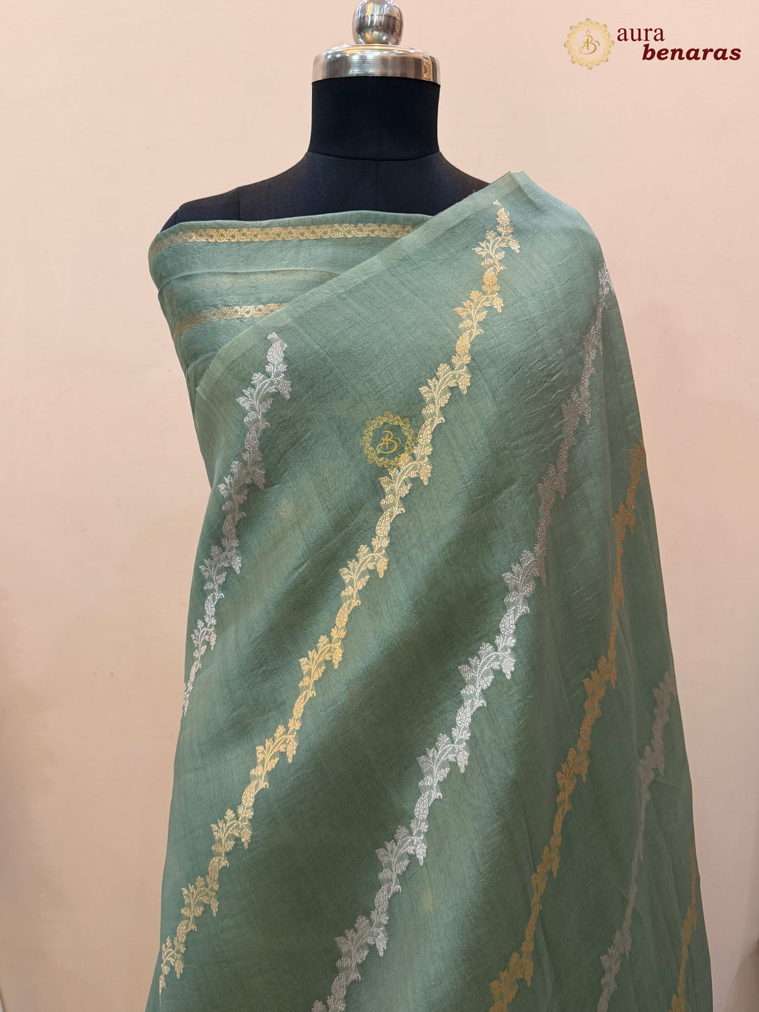 Sage Green Kora Silk Banarasi Saree with Kadwa Jaal – Aura Benaras