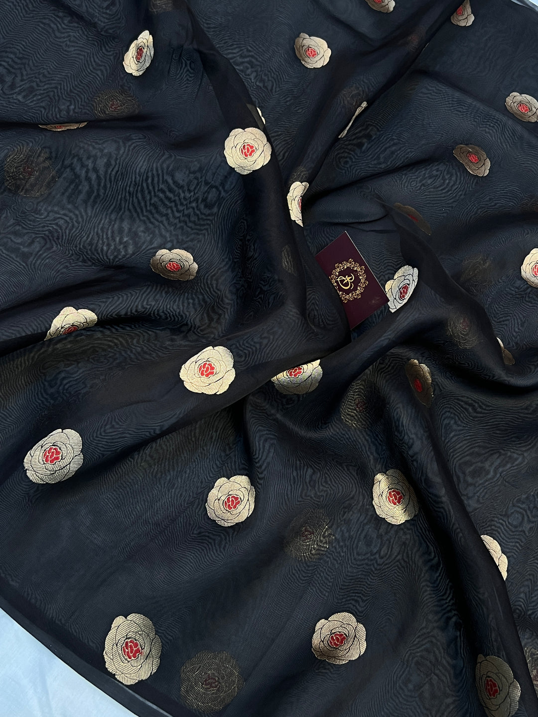 Black Pure Kora Silk Handloom Banarasi Saree