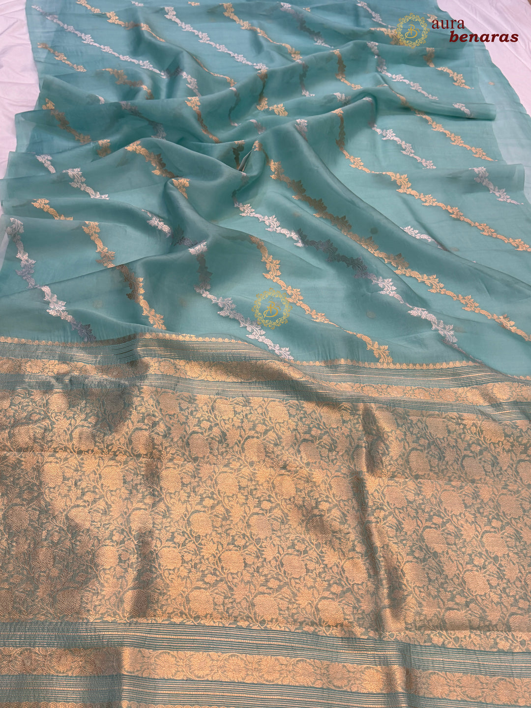 Turquoise Blue Kora Silk Banarasi Saree with Kadwa Jaal – Aura Benaras