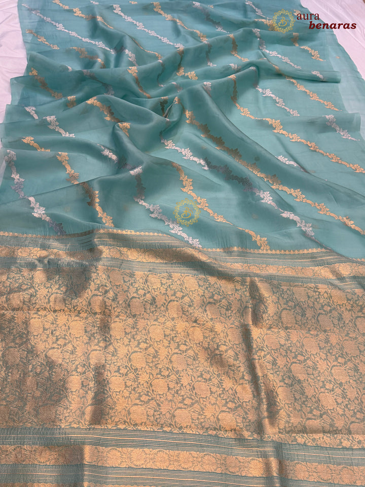 Turquoise Blue Kora Silk Banarasi Saree with Kadwa Jaal – Aura Benaras