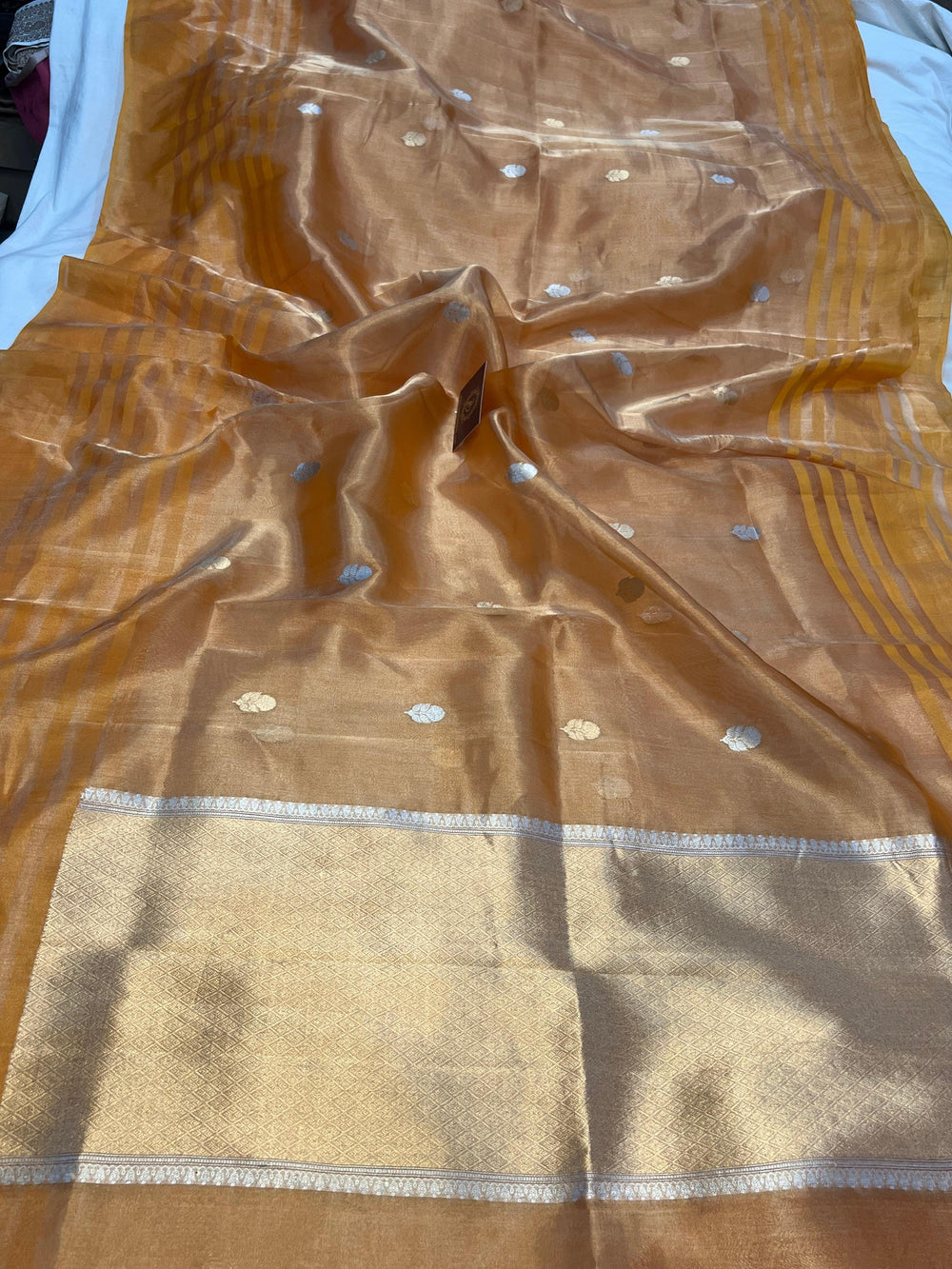 Yellowish Orange Banarasi Handloom Organza Tissue Silk Saree - Aura Benaras