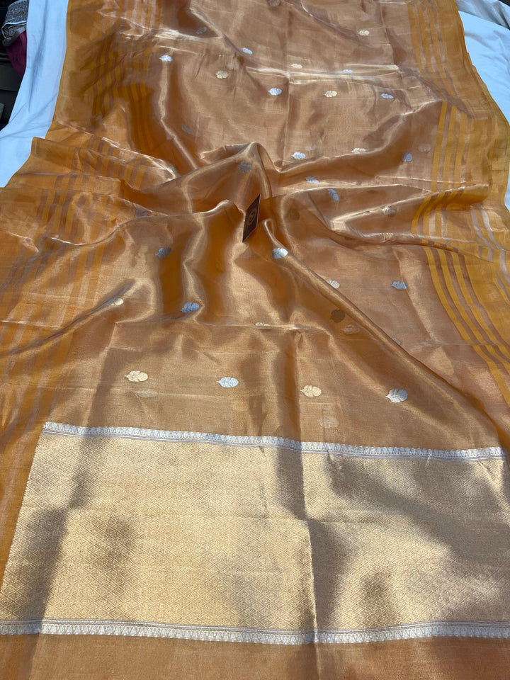 Yellowish Orange Banarasi Handloom Organza Tissue Silk Saree - Aura Benaras