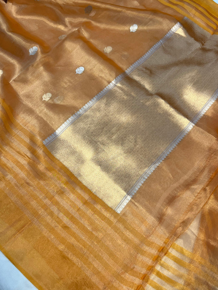 Yellowish Orange Banarasi Handloom Organza Tissue Silk Saree - Aura Benaras