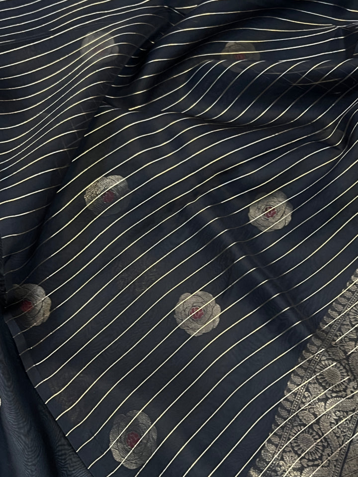 Black Pure Kora Silk Handloom Banarasi Saree