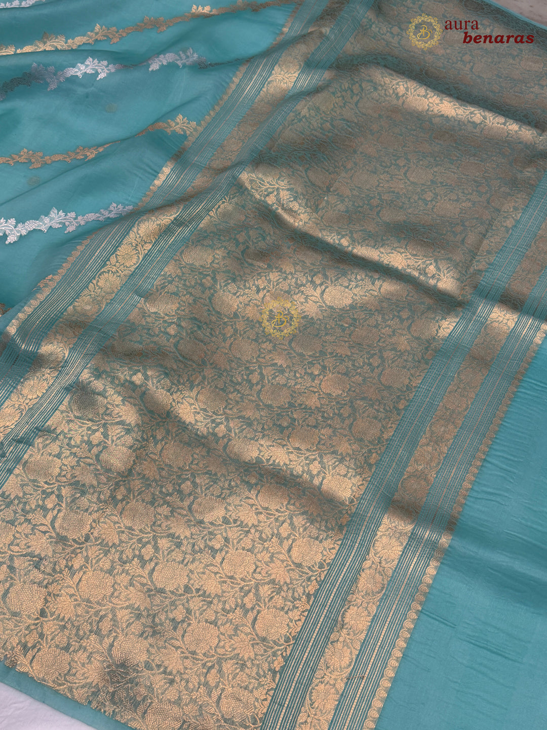 Turquoise Blue Kora Silk Banarasi Saree with Kadwa Jaal – Aura Benaras
