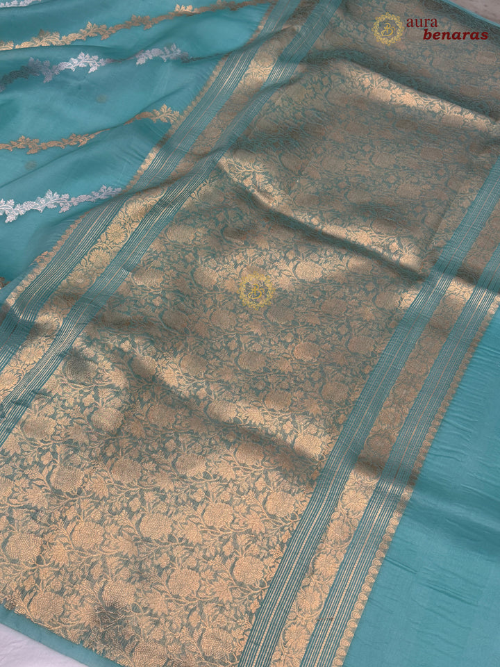 Turquoise Blue Kora Silk Banarasi Saree with Kadwa Jaal – Aura Benaras