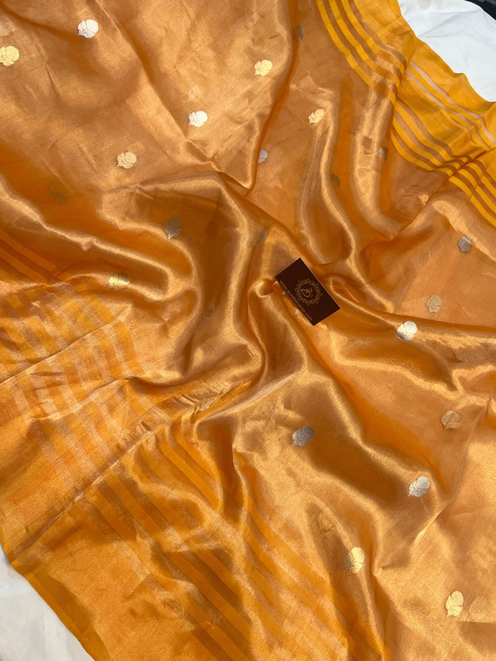 Yellowish Orange Banarasi Handloom Organza Tissue Silk Saree - Aura Benaras