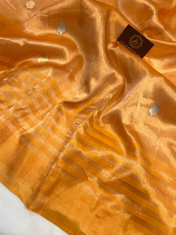 Yellowish Orange Banarasi Handloom Organza Tissue Silk Saree - Aura Benaras