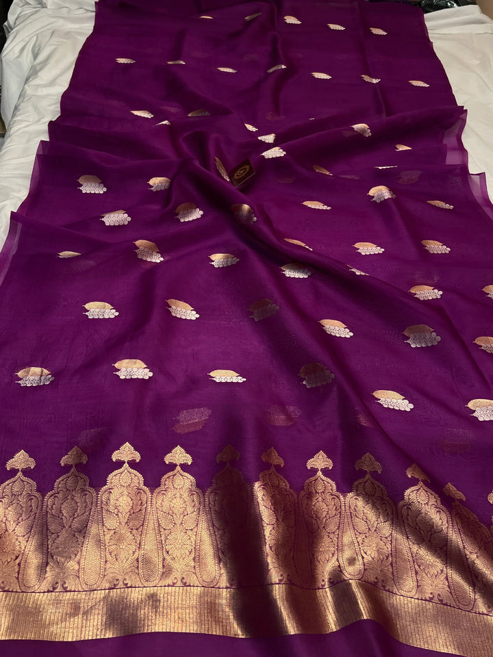 Purple Pure Kora Silk Handloom Banarasi Saree