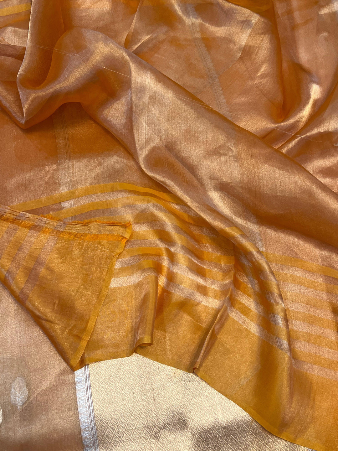 Yellowish Orange Banarasi Handloom Organza Tissue Silk Saree - Aura Benaras