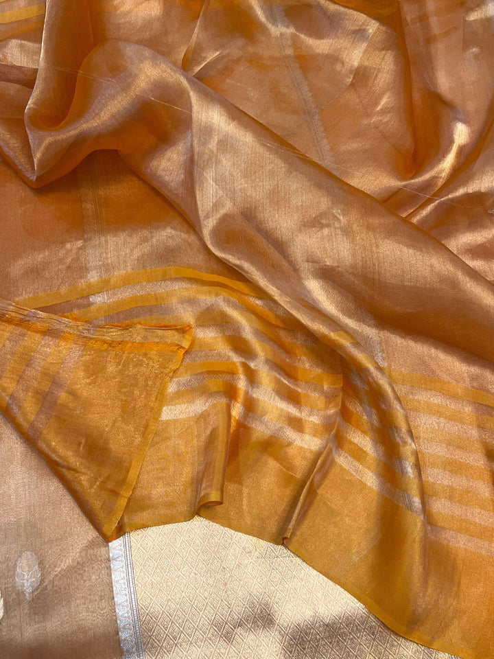 Yellowish Orange Banarasi Handloom Organza Tissue Silk Saree - Aura Benaras