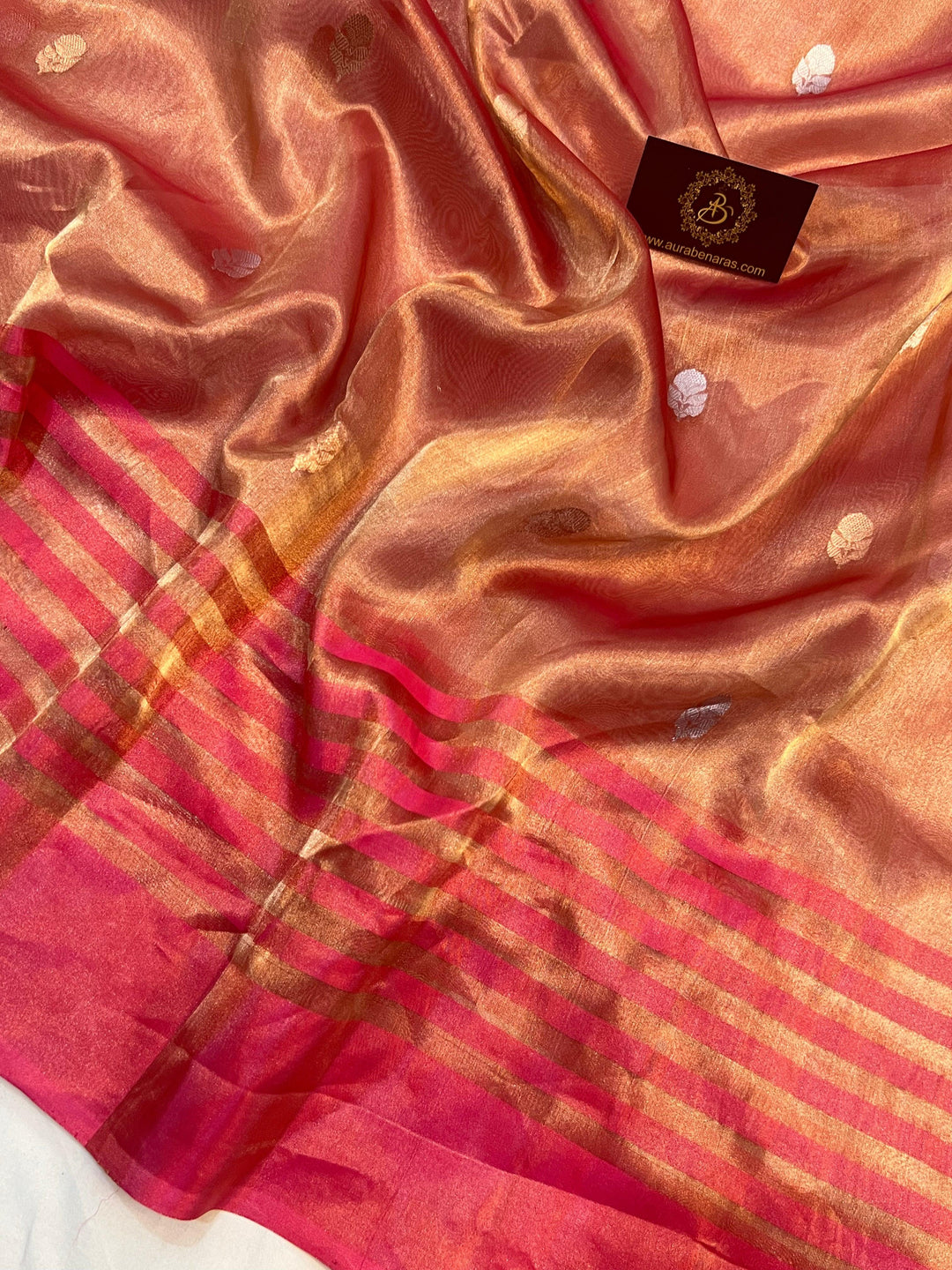 Orangish Pink Banarasi Handloom Organza Tissue Silk Saree - Aura Benaras