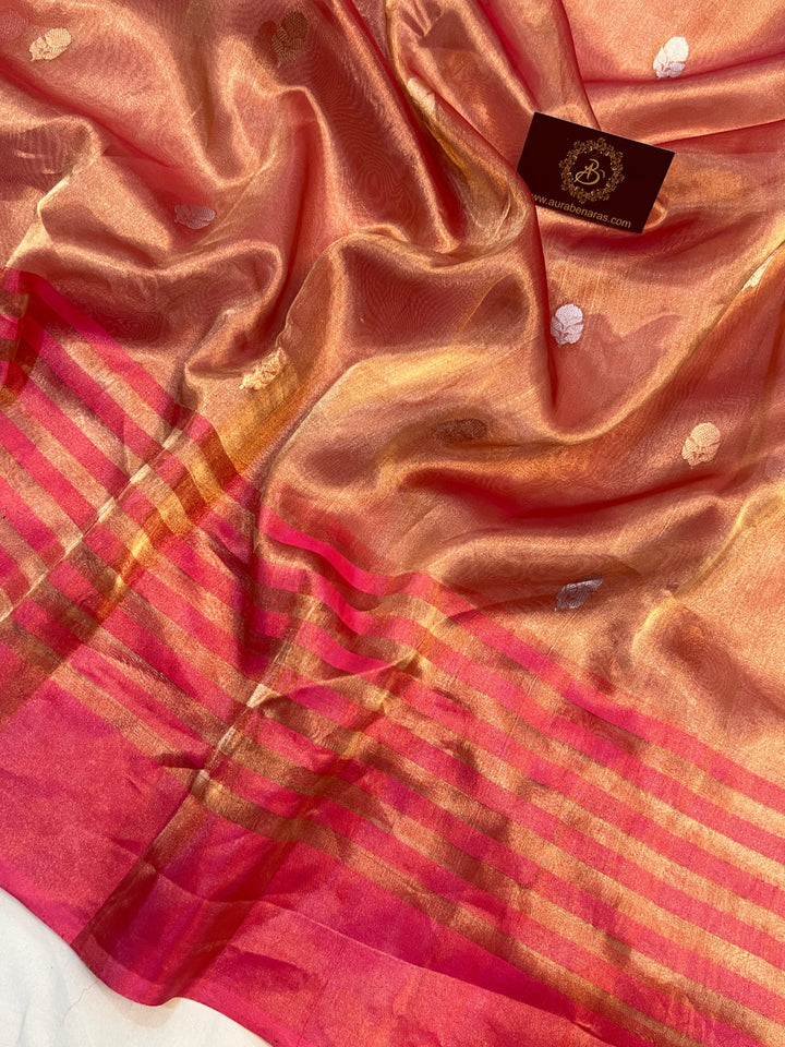 Orangish Pink Banarasi Handloom Organza Tissue Silk Saree - Aura Benaras