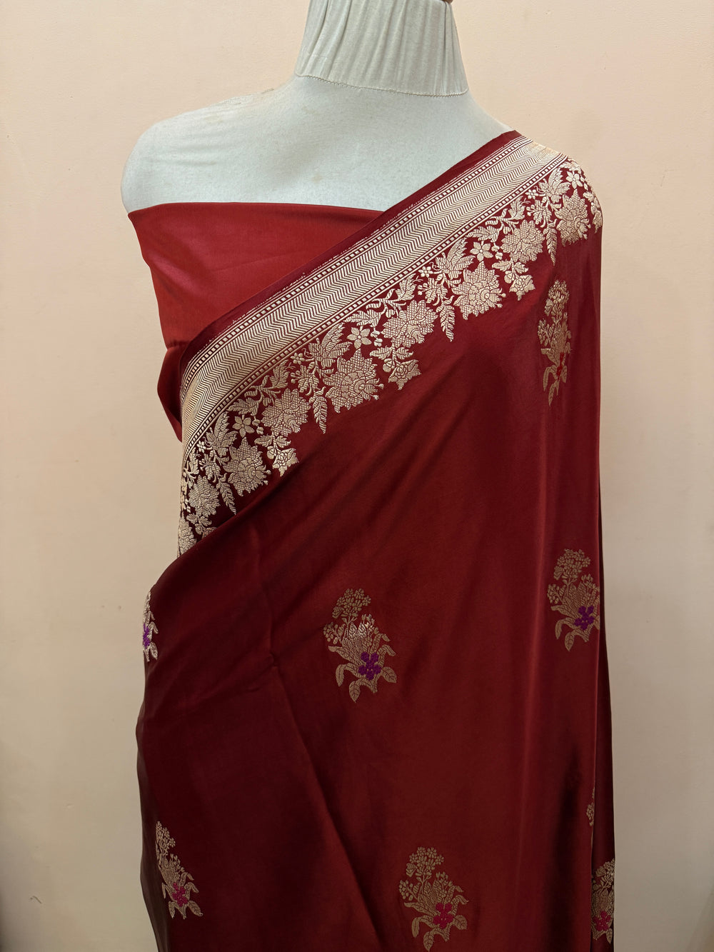 Maroon Pure Mashru Silk Handloom Banarasi Saree