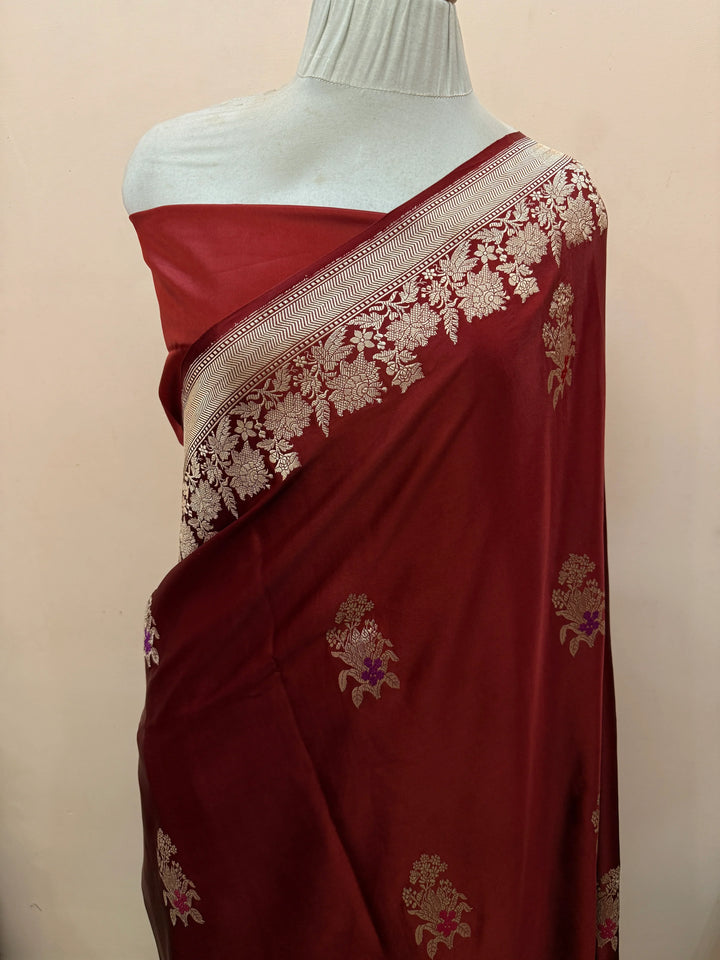 Maroon Pure Mashru Silk Handloom Banarasi Saree
