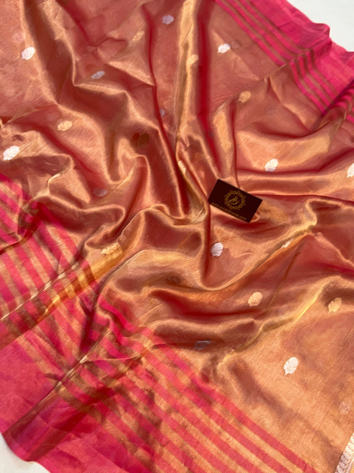 Orangish Pink Banarasi Handloom Organza Tissue Silk Saree - Aura Benaras