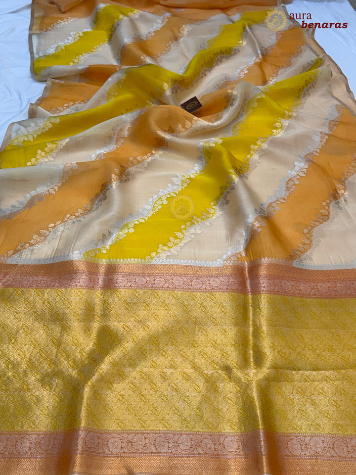 Cream and Yellow Rangkaat Banarasi Handloom Kora Silk Saree 