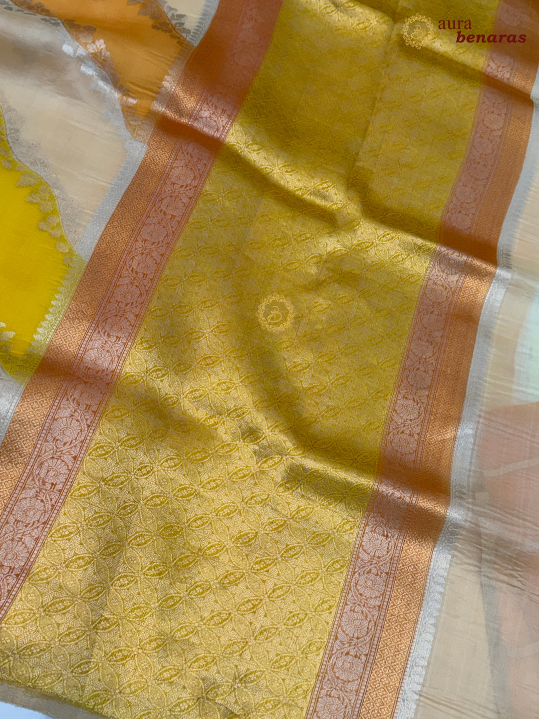 Cream and Yellow Rangkaat Banarasi Handloom Kora Silk Saree 