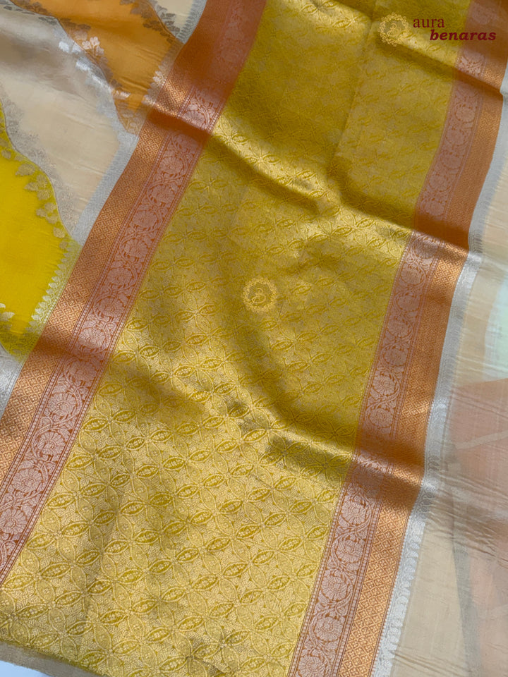 Cream and Yellow Rangkaat Banarasi Handloom Kora Silk Saree 