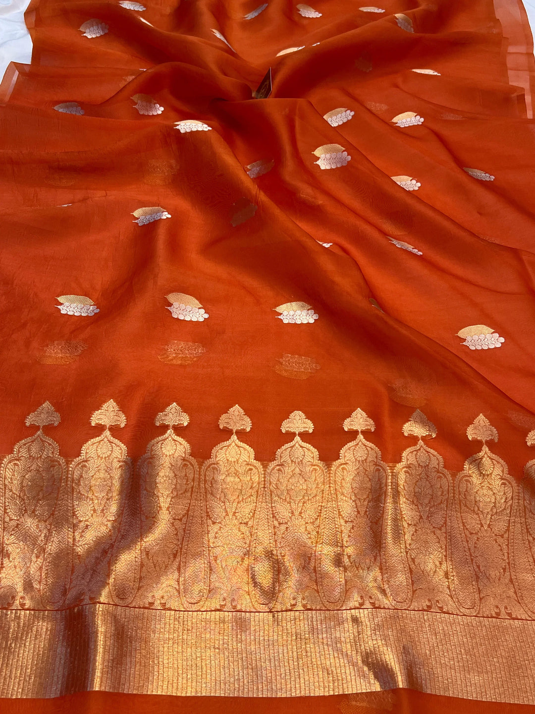 Orange Pure Kora Silk Handloom Banarasi Saree