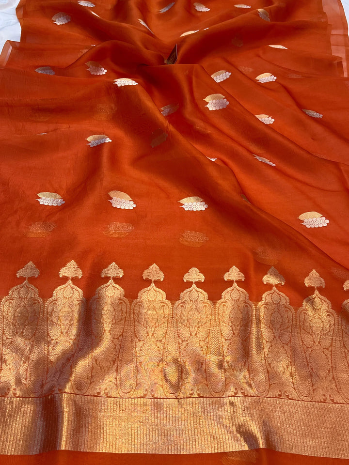 Orange Pure Kora Silk Handloom Banarasi Saree