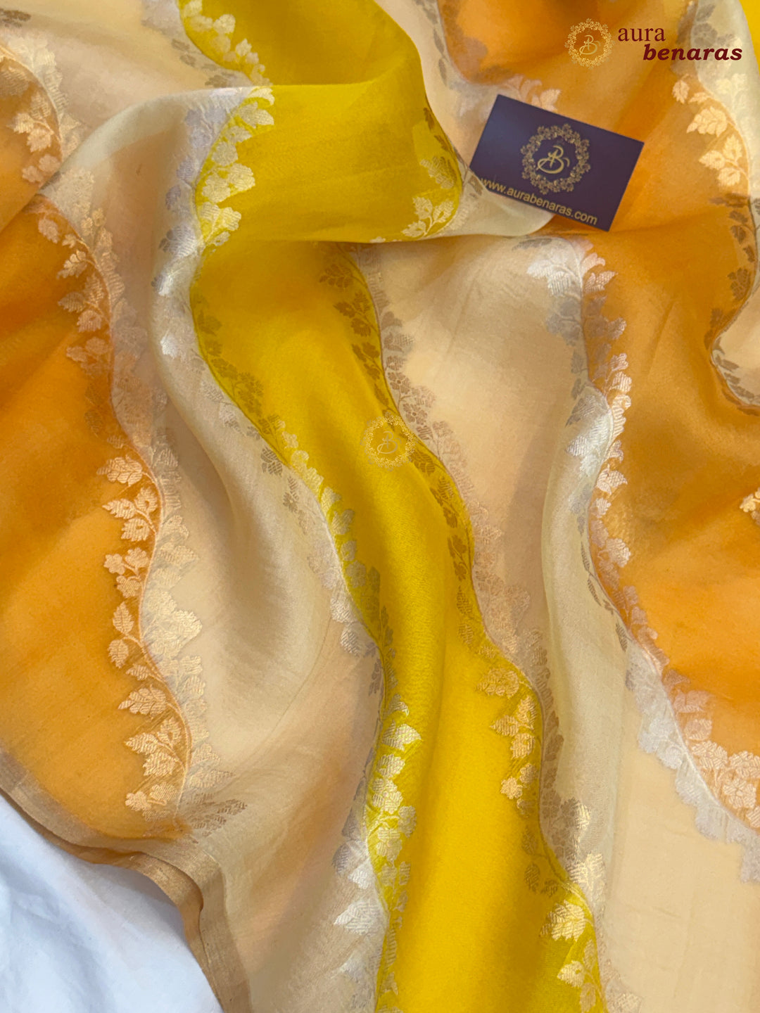 Cream and Yellow Rangkaat Banarasi Handloom Kora Silk Saree 