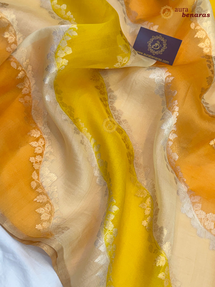 Cream and Yellow Rangkaat Banarasi Handloom Kora Silk Saree 