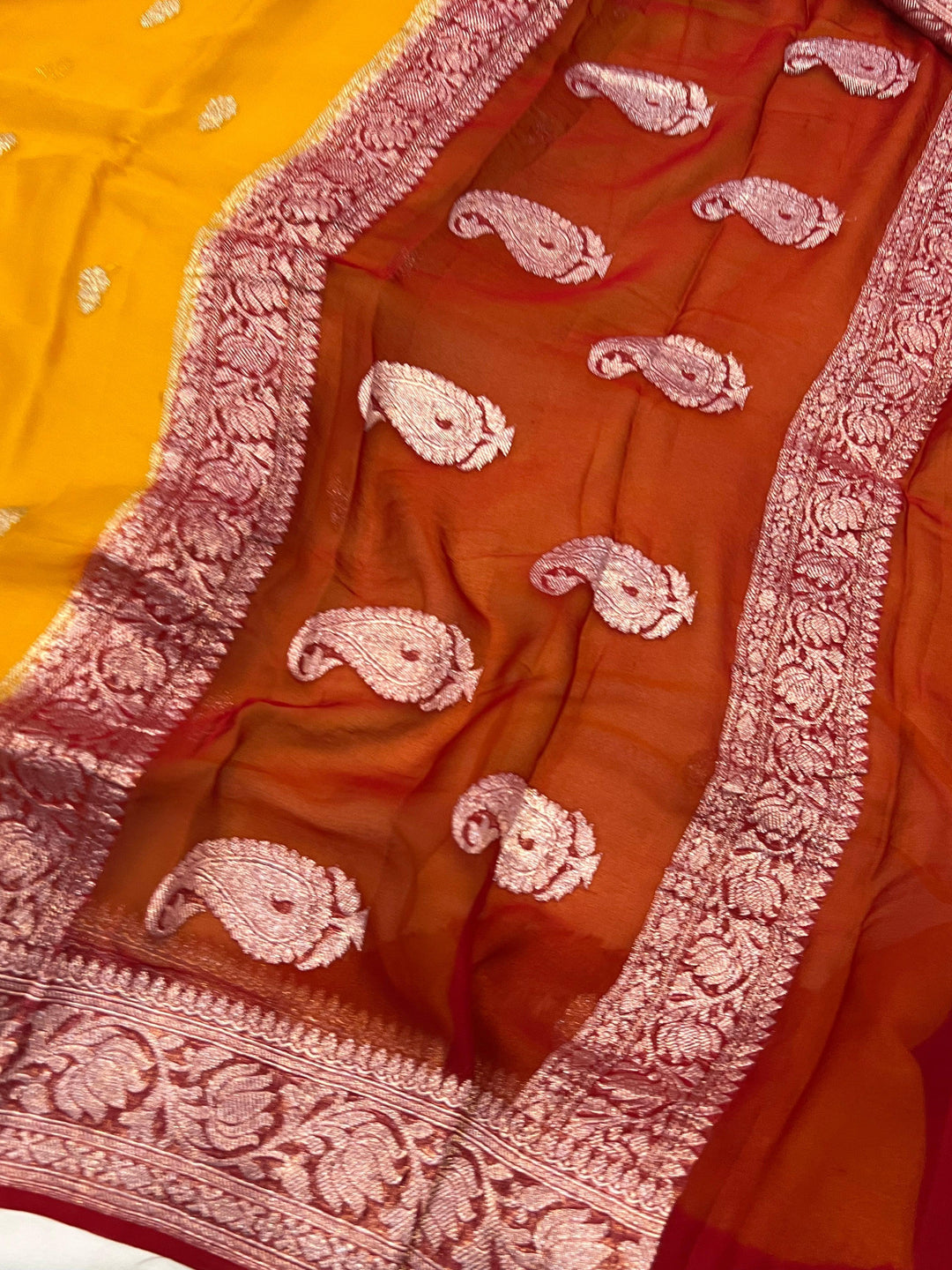 Mustard Yellow Khaddi Chiffon Banarasi Handloom Saree - Aura Benaras