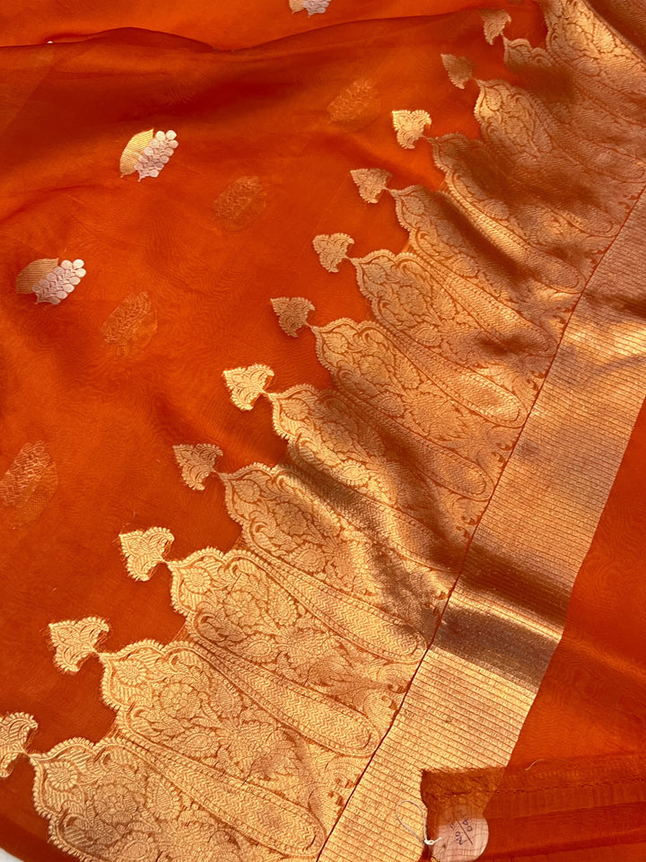 Orange Pure Kora Silk Handloom Banarasi Saree