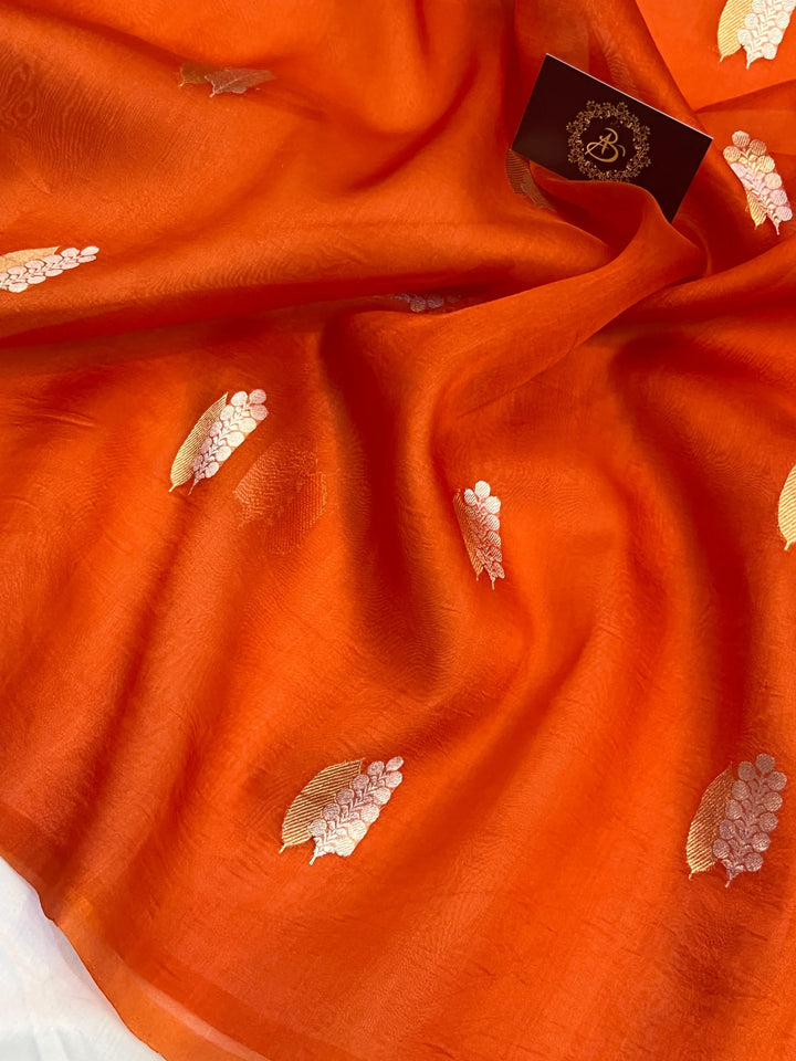 Orange Pure Kora Silk Handloom Banarasi Saree