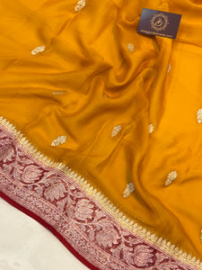 Mustard Yellow Khaddi Chiffon Banarasi Handloom Saree - Aura Benaras