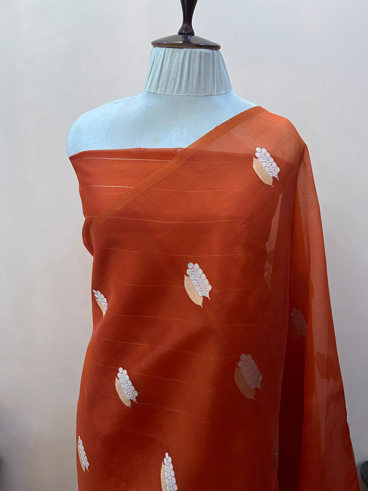 Orange Pure Kora Silk Handloom Banarasi Saree