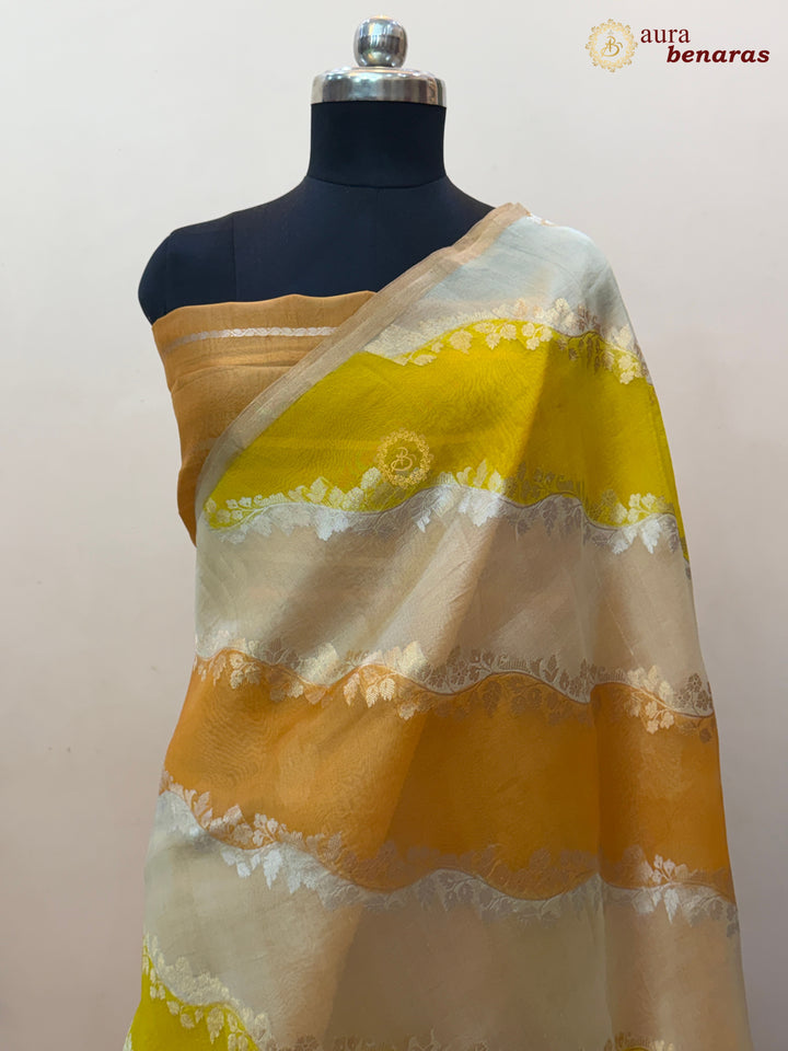 Cream and Yellow Rangkaat Banarasi Handloom Kora Silk Saree 