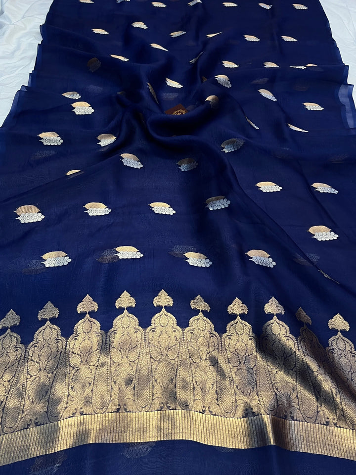 Navy Blue Pure Kora Silk Handloom Banarasi Saree