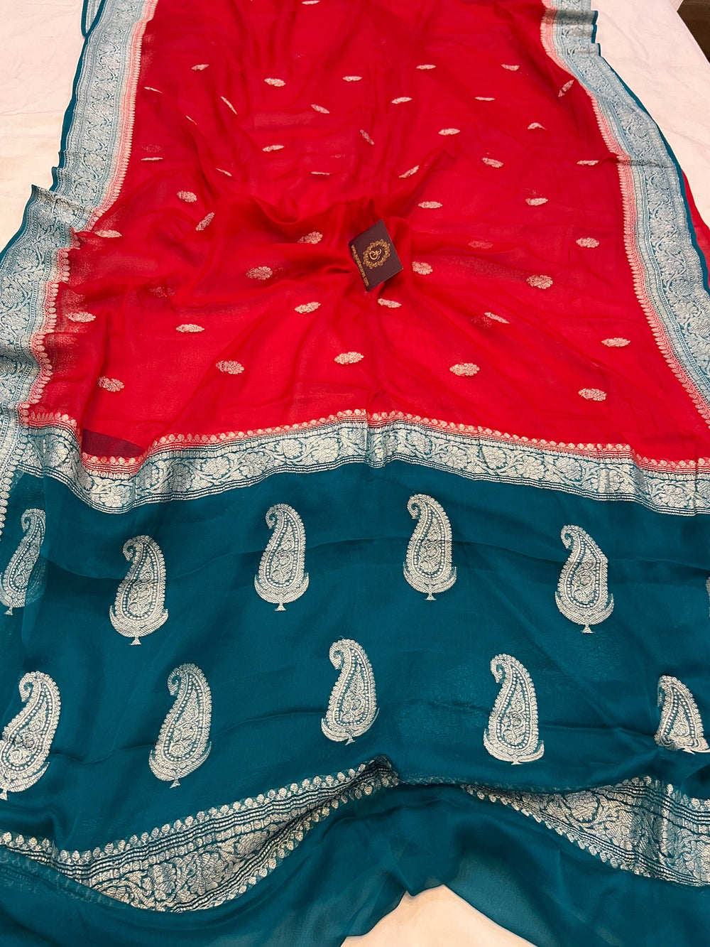 Red Khaddi Chiffon Banarasi Handloom Saree - Aura Benaras