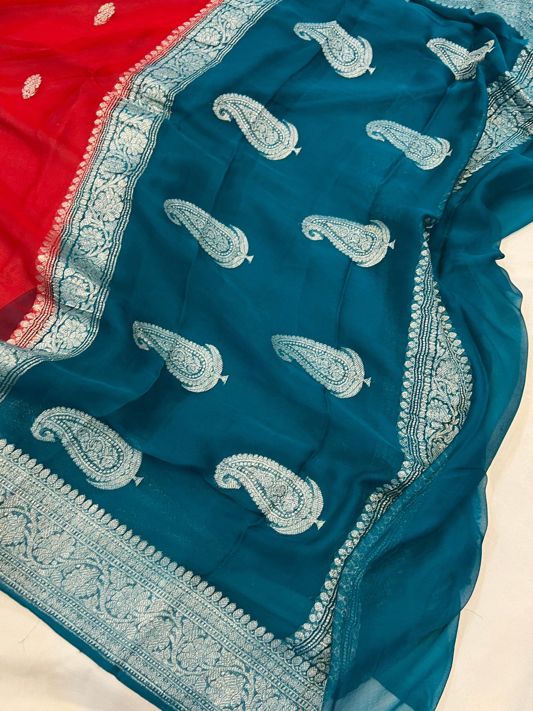 Red Khaddi Chiffon Banarasi Handloom Saree - Aura Benaras