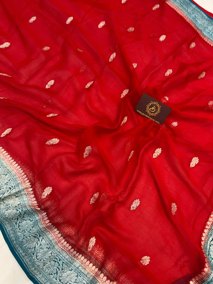 Red Khaddi Chiffon Banarasi Handloom Saree - Aura Benaras